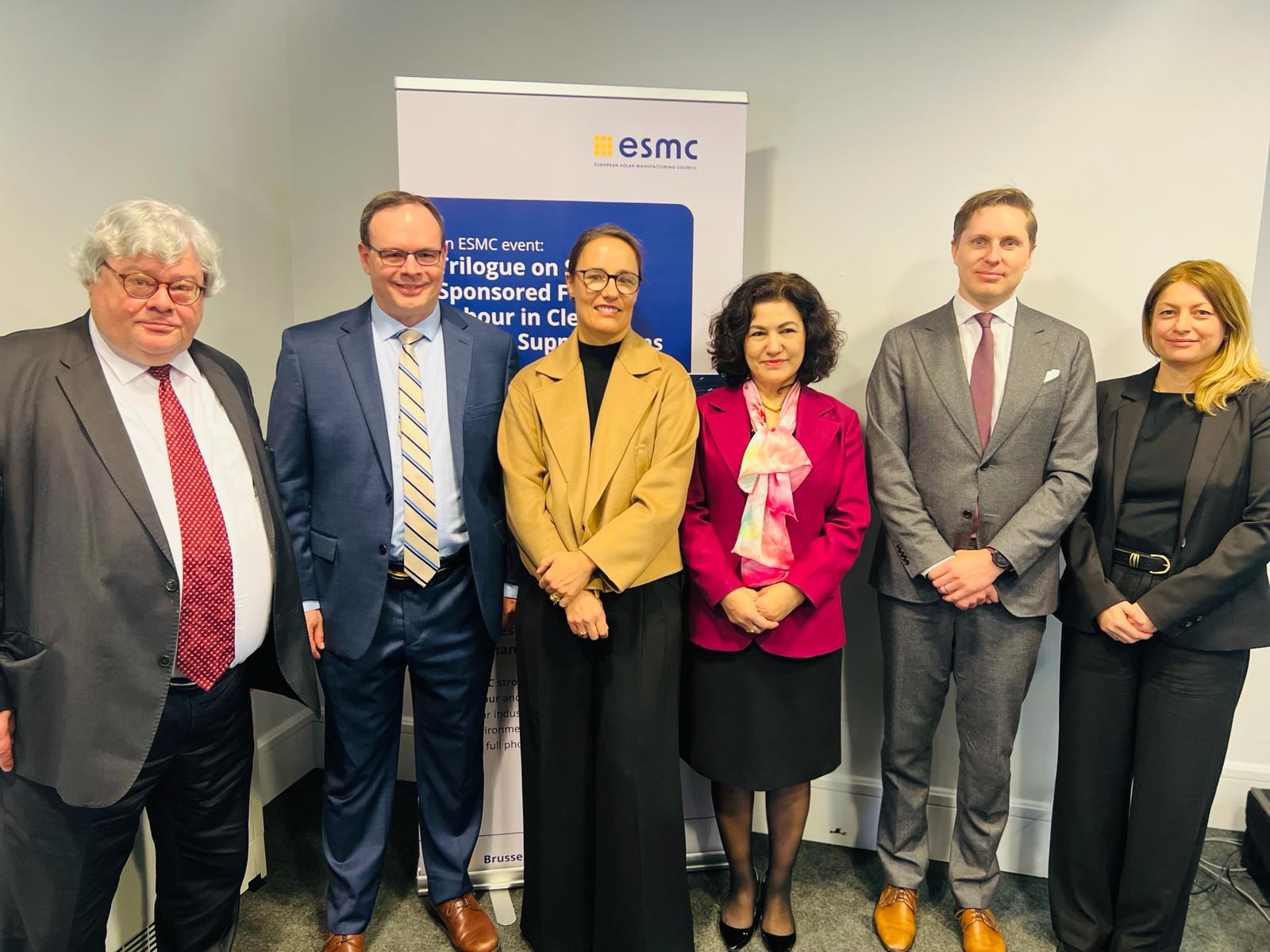 From right: Reinhard Bütikofer, Member of European Parliament, Adrian Zenz, Victims of Communism Foundation, Anja Lange, First Solar, Rushan Abbas, Campaign for Uyghurs, Johan Lindahl, ESMC, Patricia Carrier, Coalition to End Forced Labour in the Uyghur Region